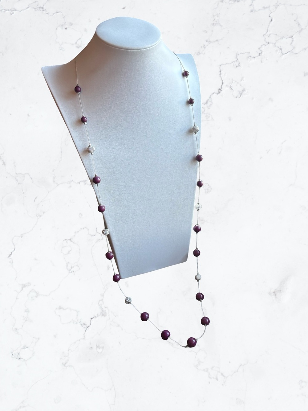 Erica Lyons Long Purple and Silver Beaded Station Necklace